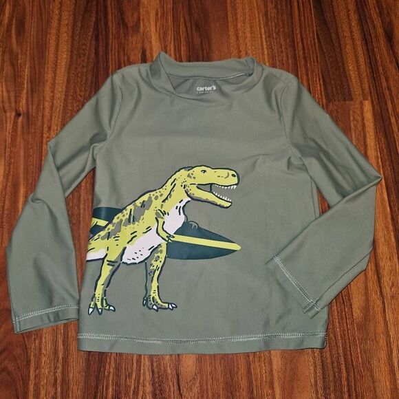 6 for $25 🎃 Carter's Green Long Sleeve T-Rex Surf Swim Top Rashguard Toddler 4T - Picture 1 of 4